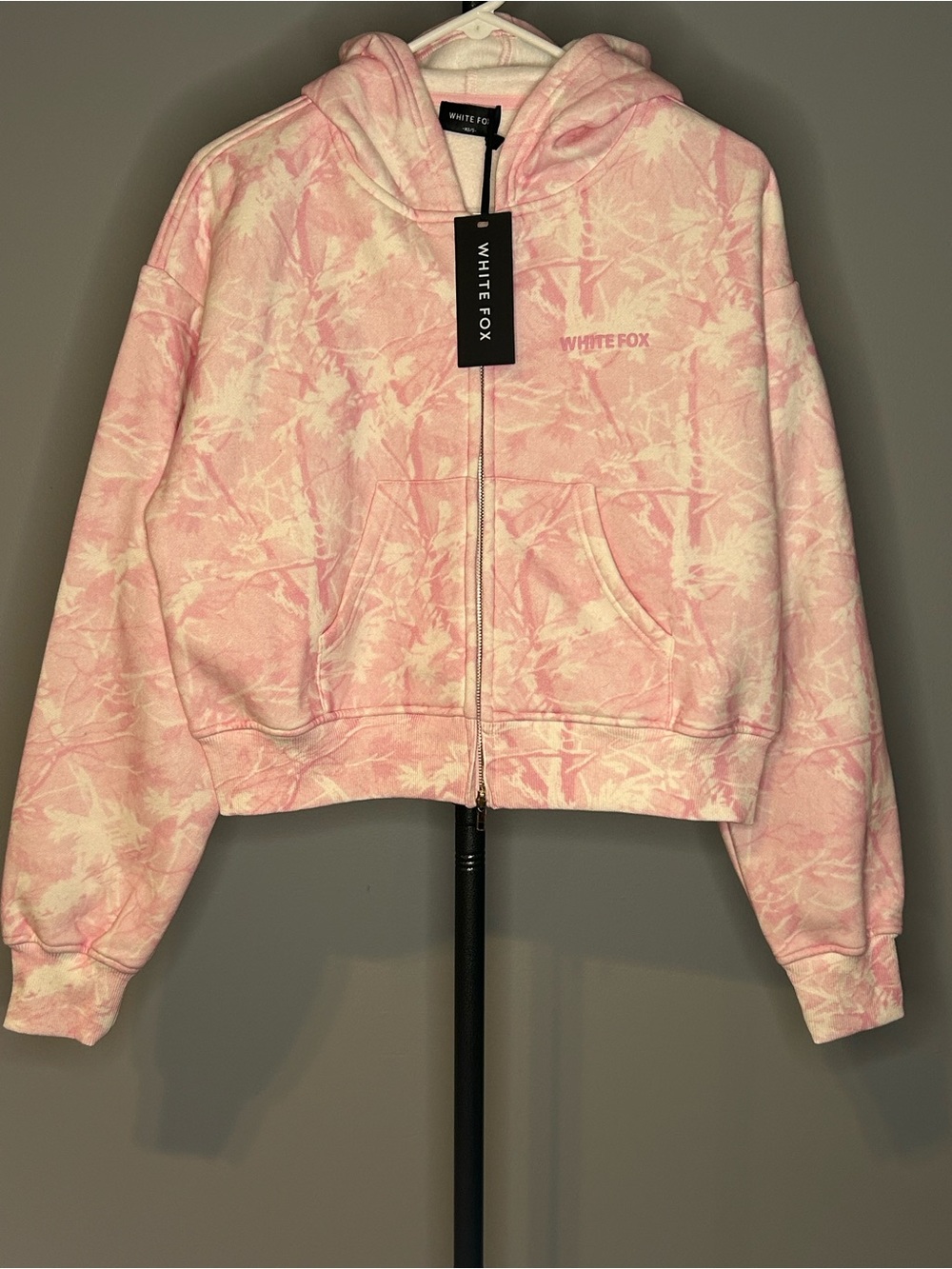White Fox Hiding Away Boxy Zip Front Hoodie Pink Camo Size XS/S